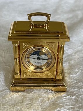 Vintage 1988 Bulova Gold Tone Carriage Mantel Clock with Moon Phase Dial